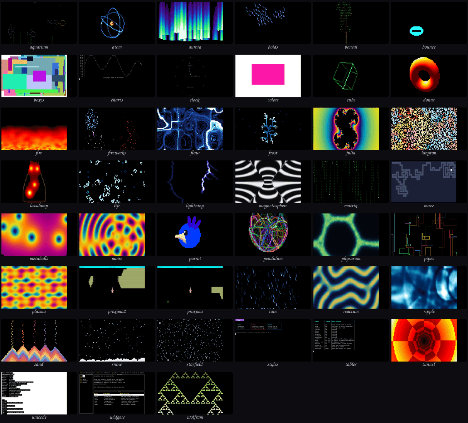 Every tuiwasm demo, one frame each, captured from the browser build